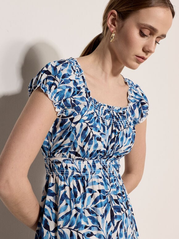 Watercolour Leaf Midi Dress, Blue, large