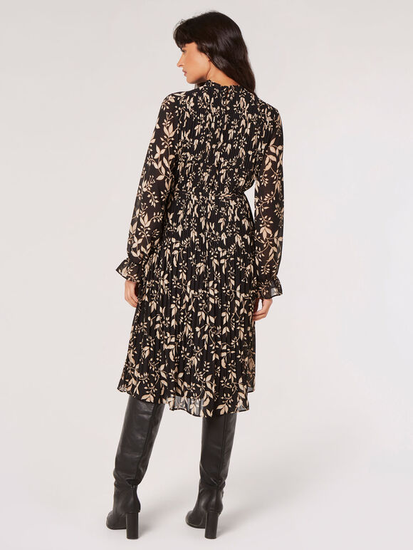 Leaf Pleated Chiffon Midi Dress, Black, large