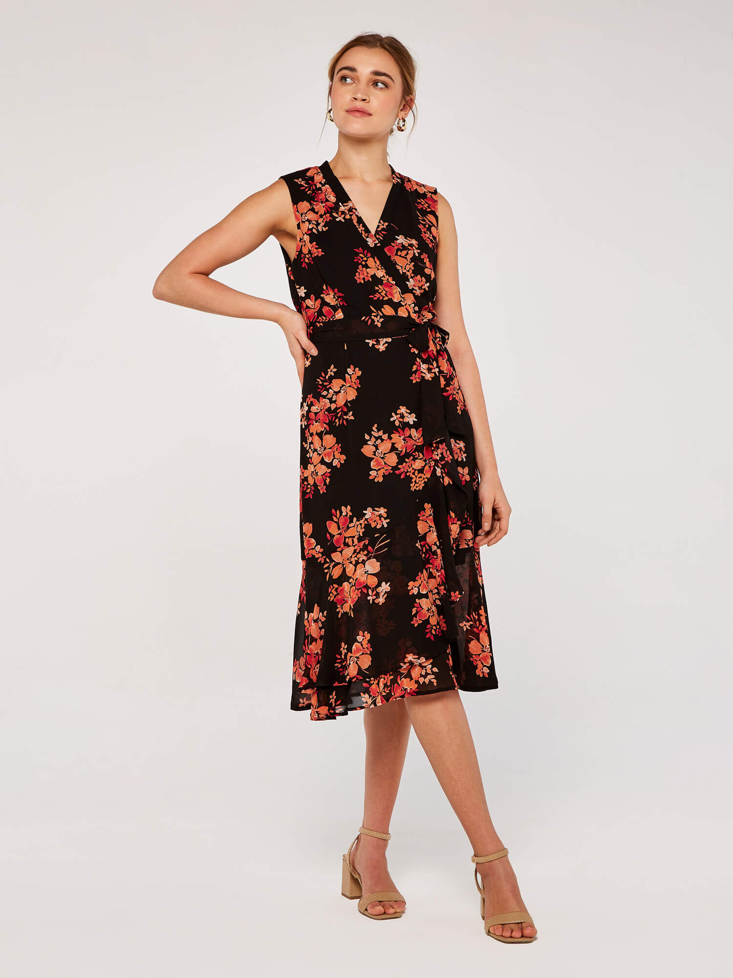 Graphic Floral Wrap Dress Apricot Clothing