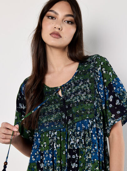 Patchwork Print Crinkle Mini Dress