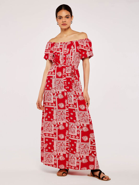 Patchwork Bardot Dress, Red, large