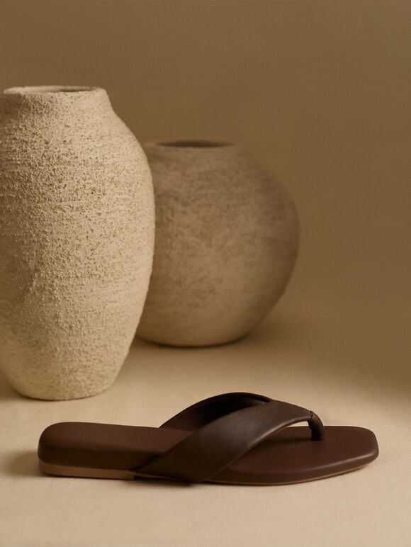 Leather Flip Flops, Brown, large