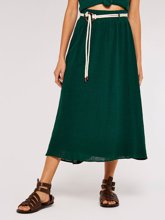 Rope Belt Cotton Midi Skirt, Green, large