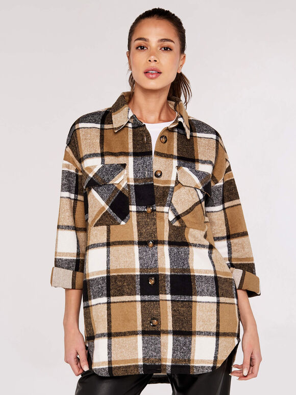 Checked Oversized Shacket, Stone, large