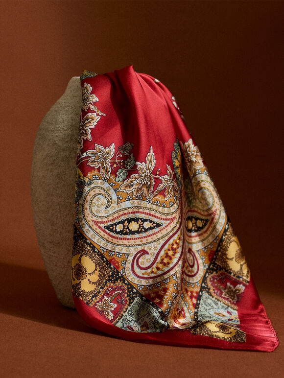 Printed Satin Scarf, Red, large