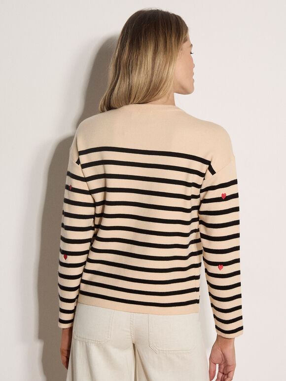 Heart Embroidered Stripe Jumper, Stone, large
