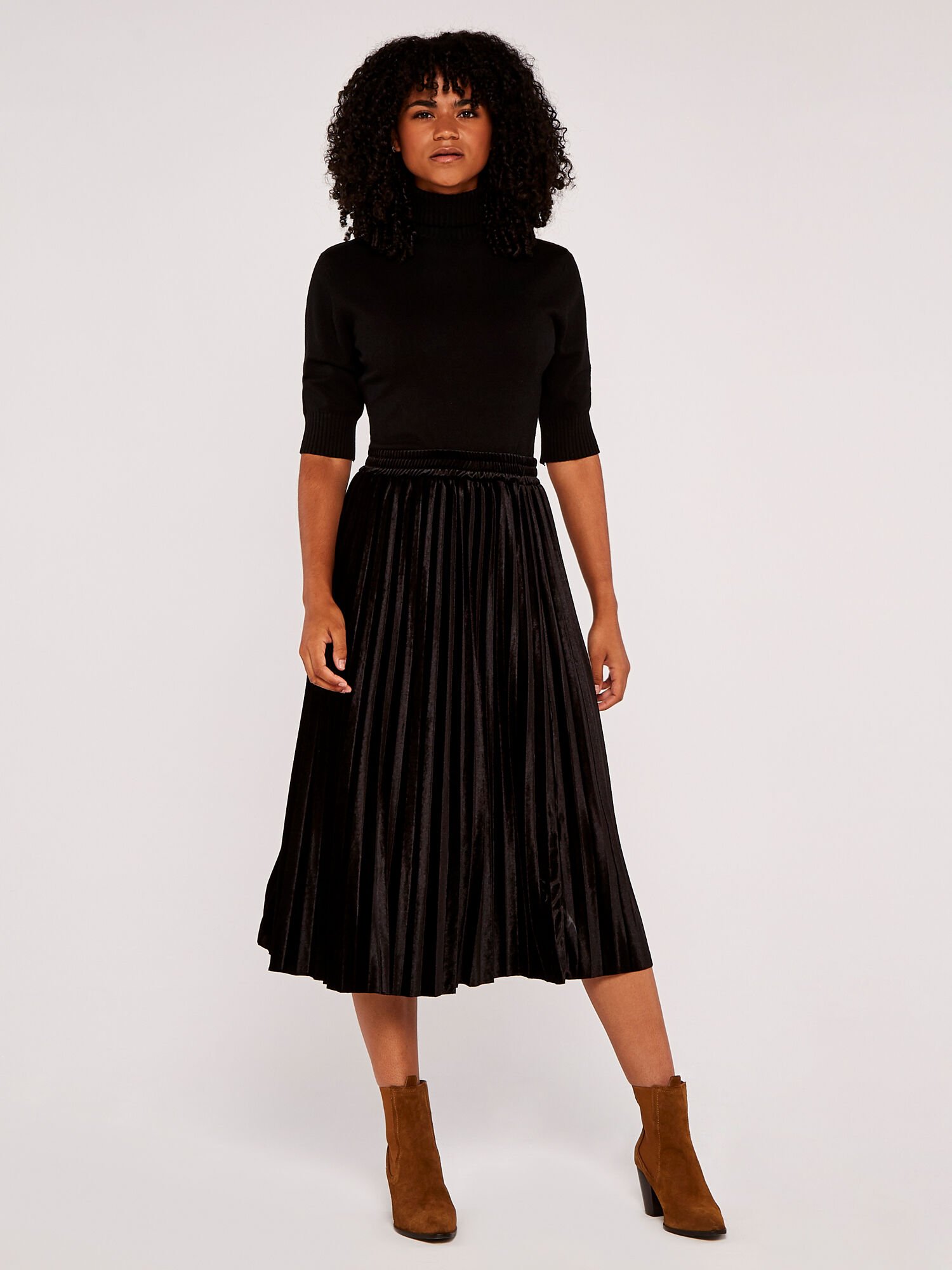 Velvet Pleated Midi Skirt Apricot Clothing
