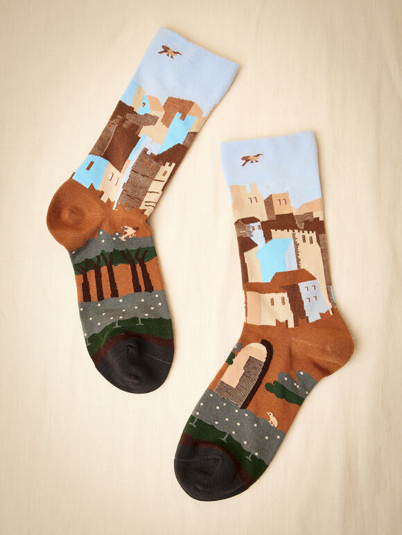 Landscape Print Cotton Socks, Brown, large