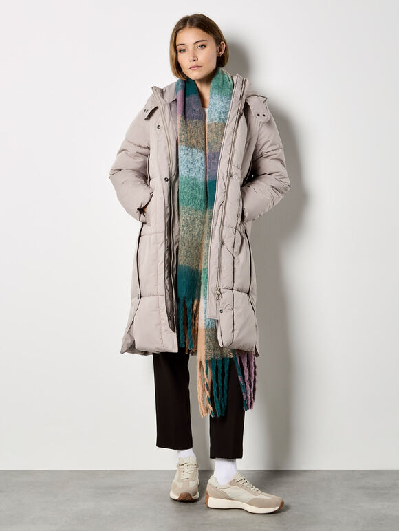 Longline Padded Puffer Coat, Stone, large