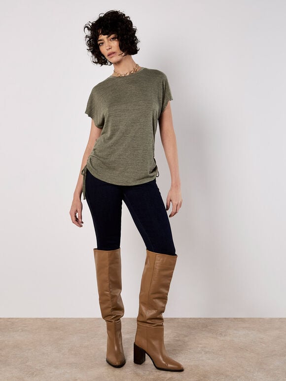 Textured Jersey Side Ruched T-Shirt, Khaki, large