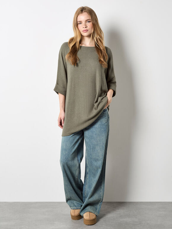 Soft-Touch Batwing Waffle Knit Top, Khaki, large