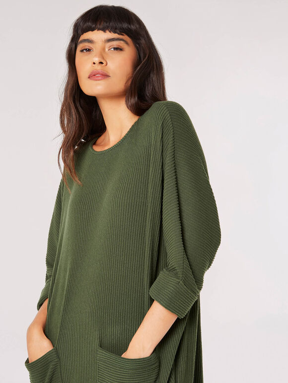 Ribbed Knit Cocoon Mini Dress, Green, large
