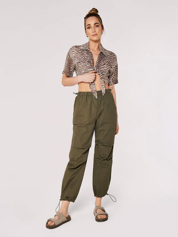 Pleat Tie Cargo Trousers, Khaki, large