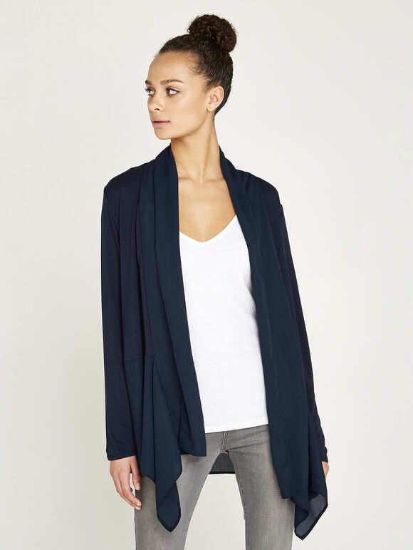 Chiffon Waterfall Hem Cardigan, Navy, large