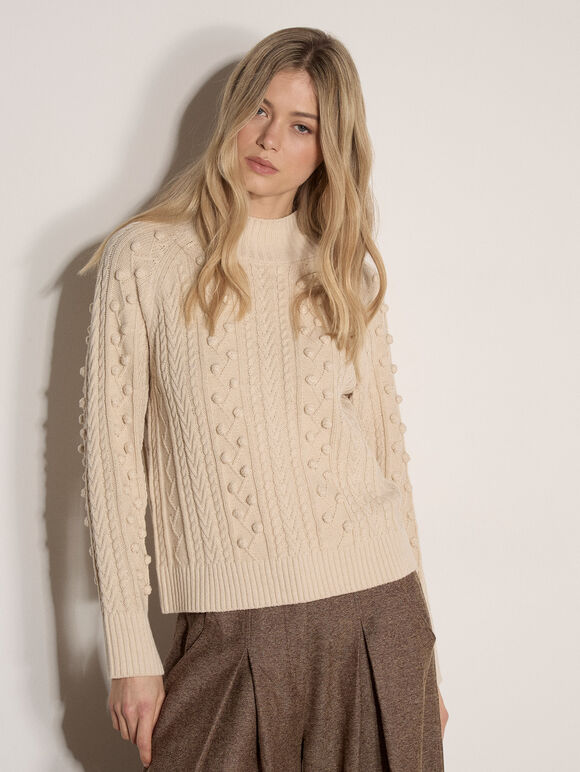 Bobble Cable Knit Jumper, Stone, large