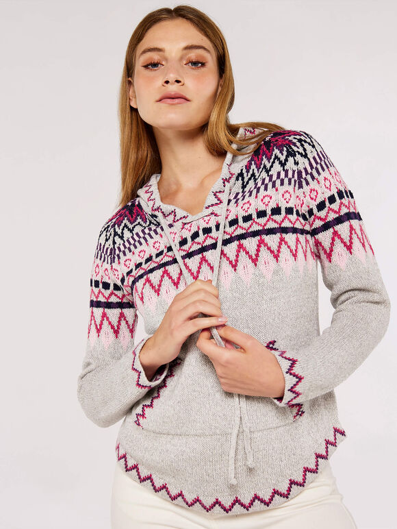 Fairisle Pocket Hoodie Jumper, Grey, large