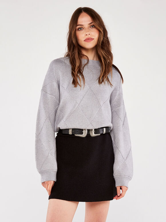 Basket Weave Puff Sleeve Jumper, Grey, large