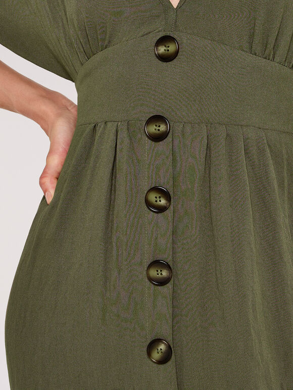 V-Neck Button Front Dress, Khaki, large