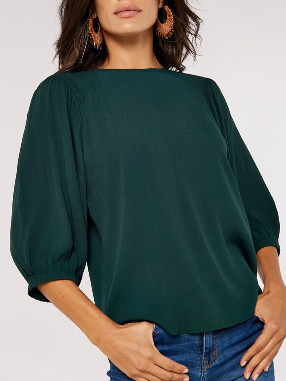 Puff Sleeve Jersey Top, Green, large