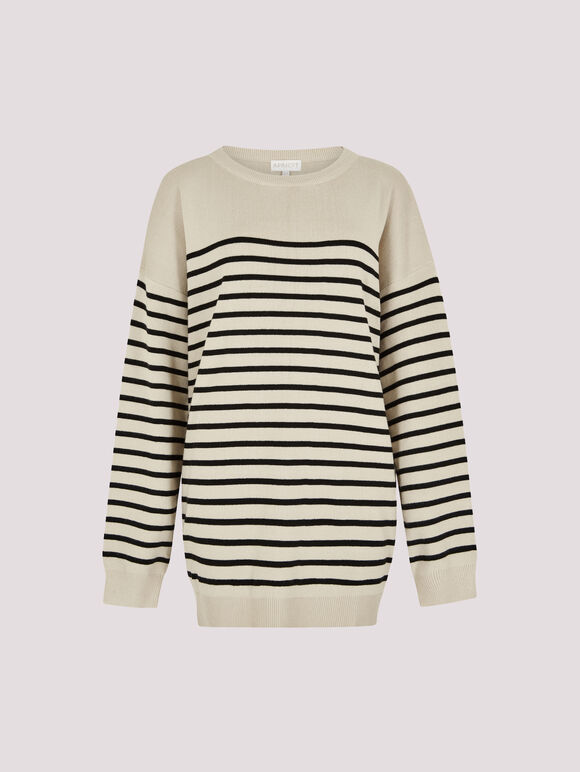 Stripe Rib Knit Longline Jumper, Stone, large