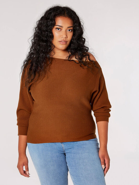 Curve Off Shoulder Ribbed Jumper, Rust, large