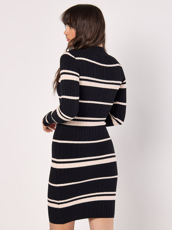 Stripe Ribbed Knit Mini Dress, Black, large