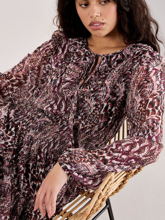 Feather Print Chiffon Mini Dress, Burgundy, large