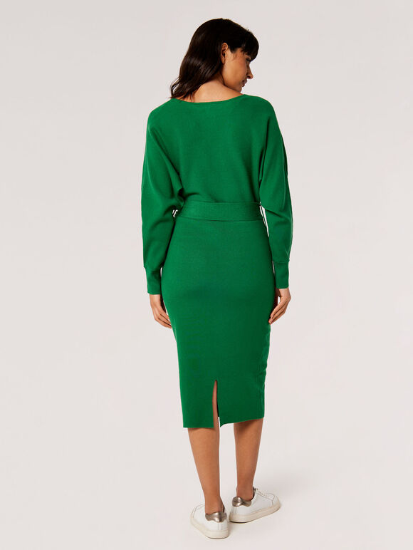 Knitted Wrap Midi Dress, Green, large