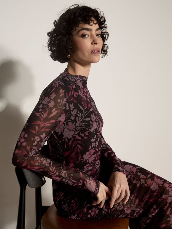 Floral Mesh Midi Dress, Black, large