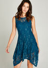 Sequin Lace Hanky Hem Skater Dress, Teal, large