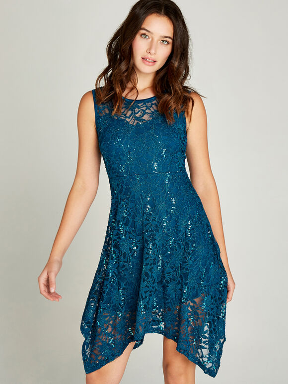 Sequin Lace Hanky Hem Skater Dress, Teal, large