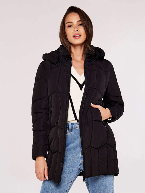 Hooded Puffer Jacket, Black, large
