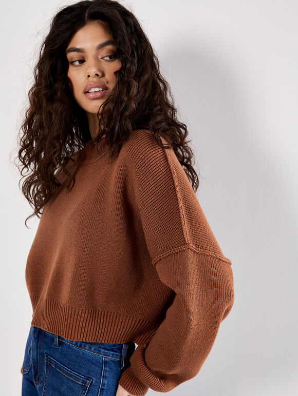 Ribbed Knit Cropped Jumper, Rust, large