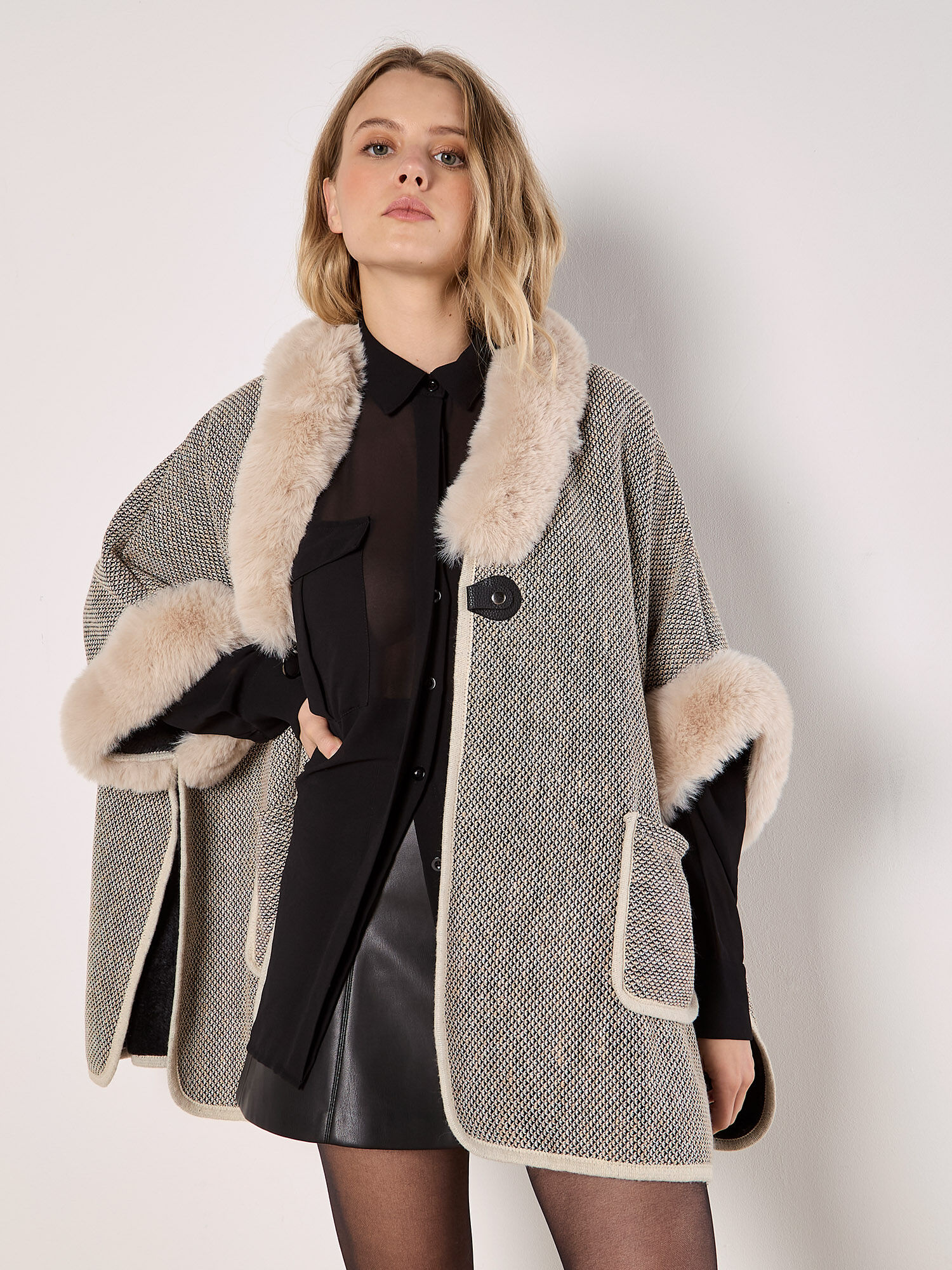 Heritage Texture Faux Fur Lined Cape | Apricot Clothing