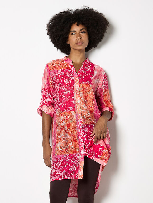 Folk Patchwork Tunic Top, Pink, large