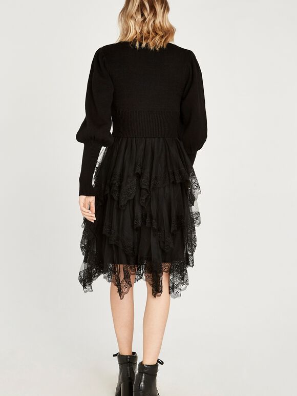 Mesh Skirt Jumper Dress, Black, large