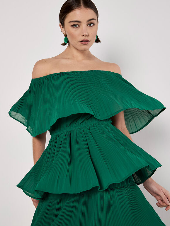 Plisse Tiered Bardot Mini Dress, Green, large