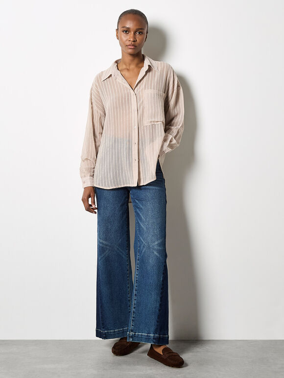 Chenille Stripe Semi-Sheer Shirt, Stone, large