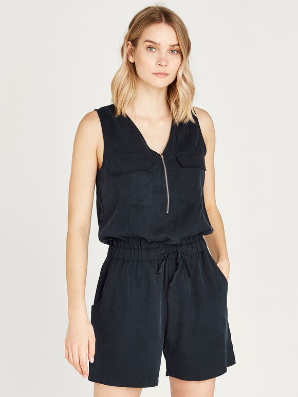 Tencel Zip Playsuit, Navy, large