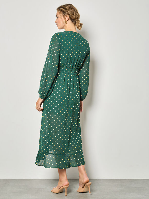 Gold Foil Polka Dot Chiffon Maxi Dress, Green, large