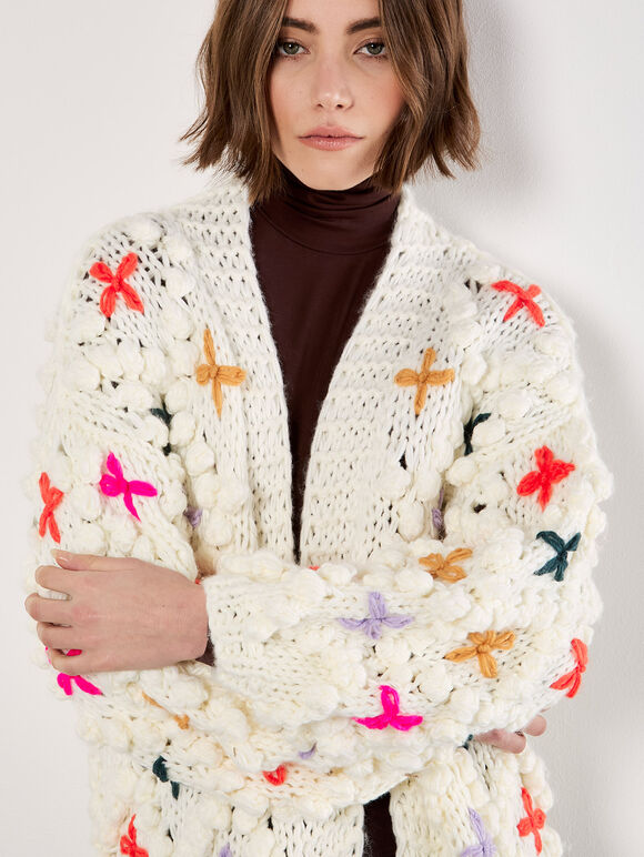 Chunky Knit 3D Flower Cardigan, Cream, large