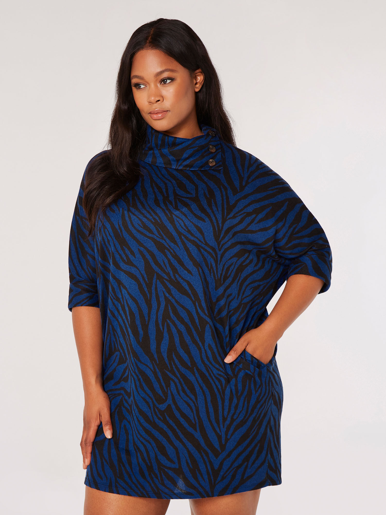 Curve Button Neck Zebra Mini Dress Apricot Clothing