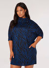 Curve Button Neck Zebra Mini Dress, Blue, large