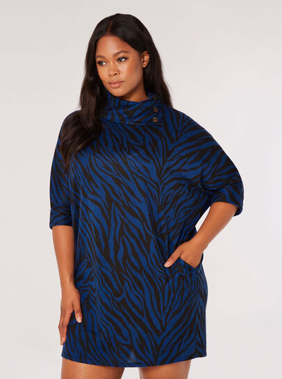 Curve Button Neck Zebra Mini Dress