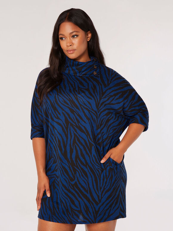 Curve Button Neck Zebra Mini Dress, Blue, large