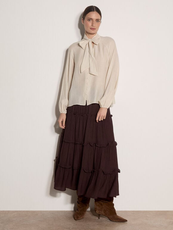 Crinkle Textured Bow Neck Blouse, Stone, large