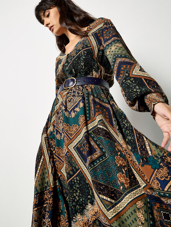 Patchwork Print Hanky Hem Midaxi Dress, Green, large