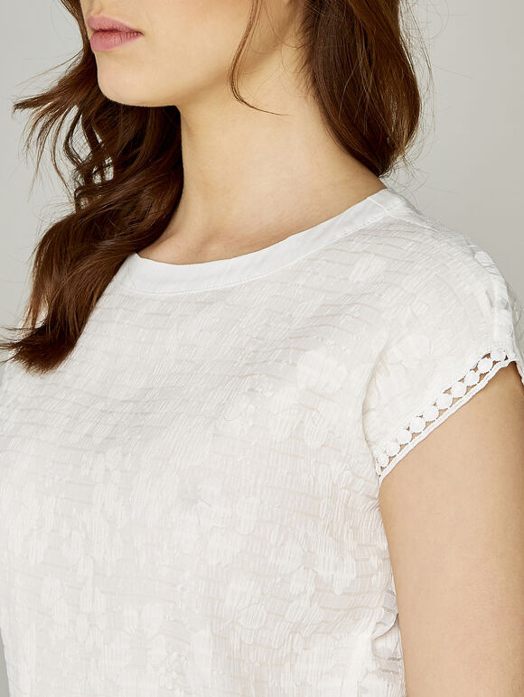 White Sheer Crinkle Crochet Trim Top, White, large