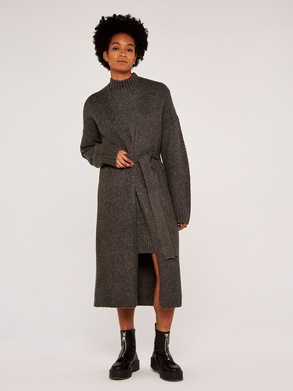 Knitted Long Cardigan, Dark Grey - Charcoal, large
