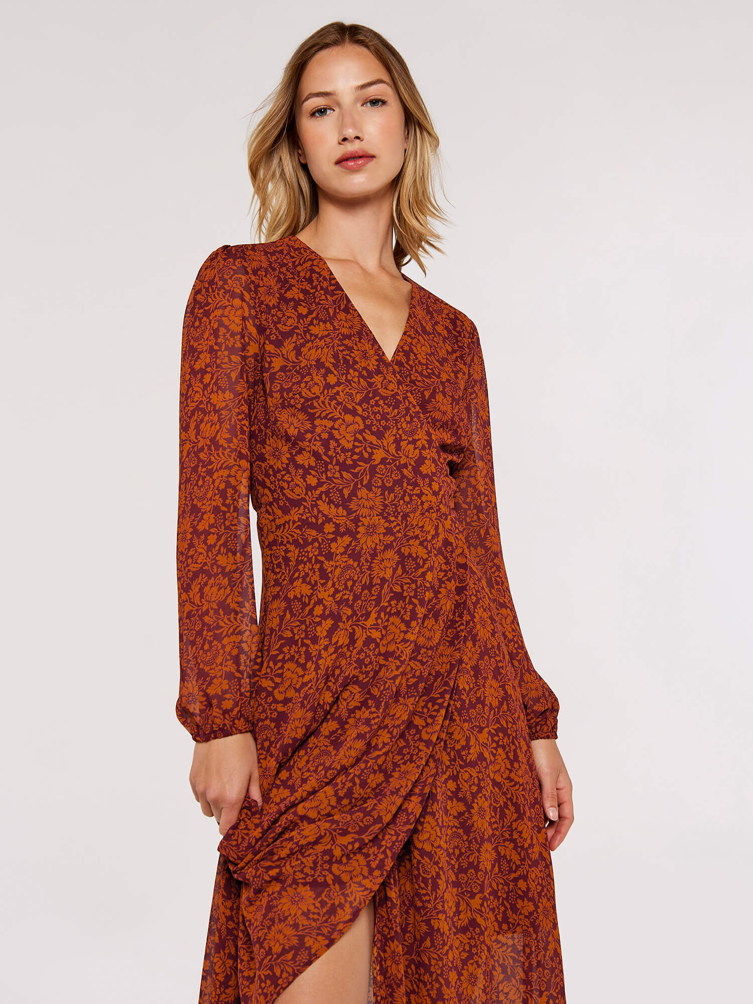Orange floral store wrap dress